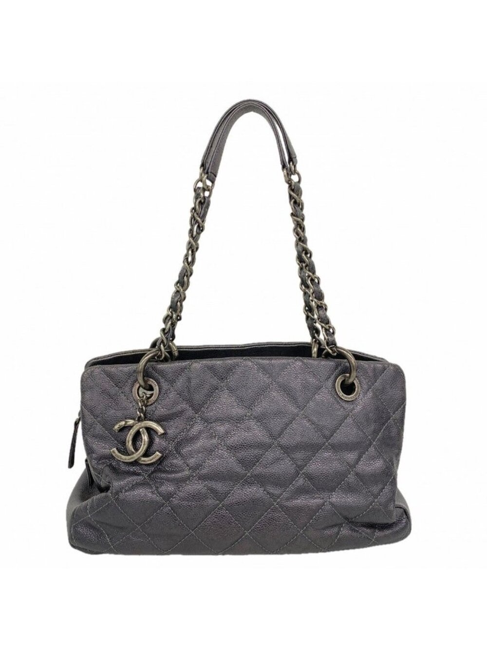 Chanel Chain Tote Quilted Caviar Leather Dark Gray Silver - Picture 1 of 10